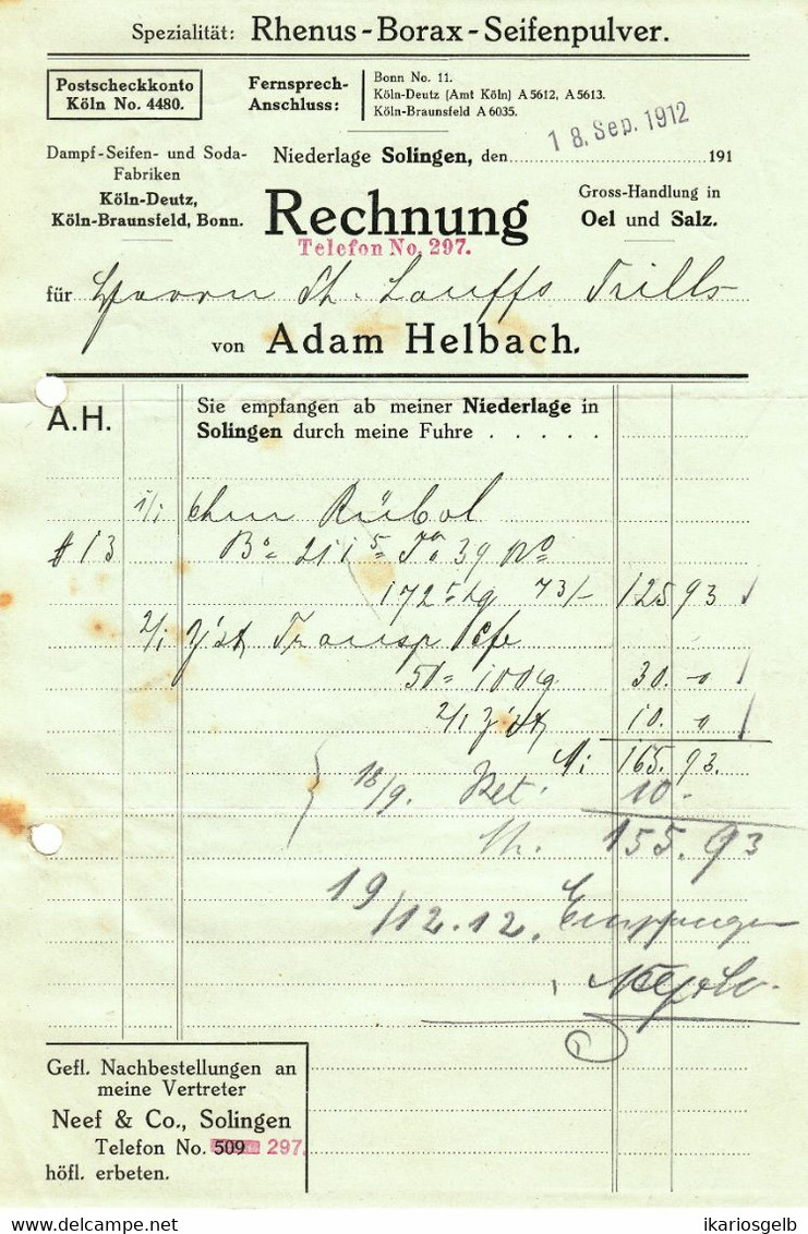 Solingen 1912 Deko Rechnung " Adam Helbach Rhenus-Borax-Seifenpulver " - Droguerie & Parfumerie