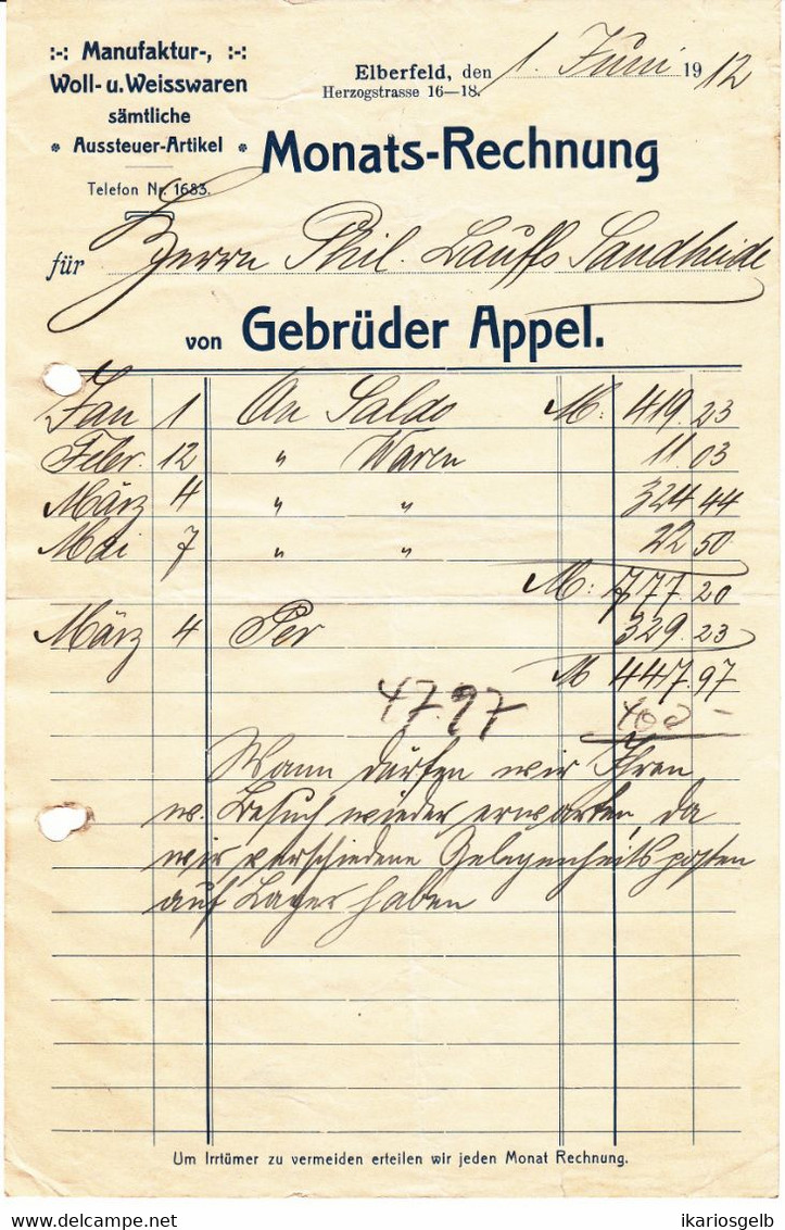 Elberfeld = Wuppertal 1912 Deko Rechnung " Gebrüder Appel Manufaktur Woll- U.Weisswaren Aussteuer-Artikel " - Kleidung & Textil