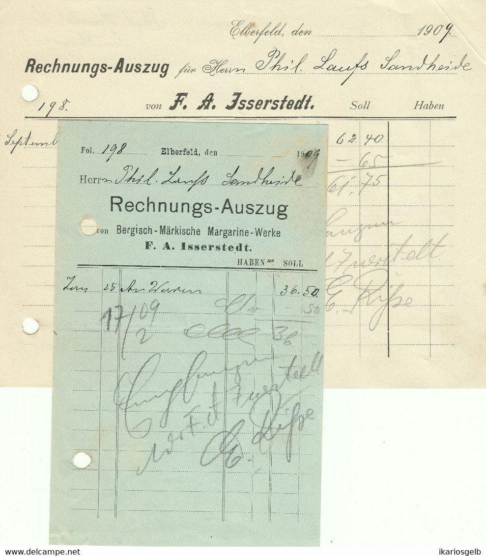 Elberfeld = Wuppertal 1909 2 Versch.kleine Rechnung " Margarinefabrik Isserstedt " - Lebensmittel
