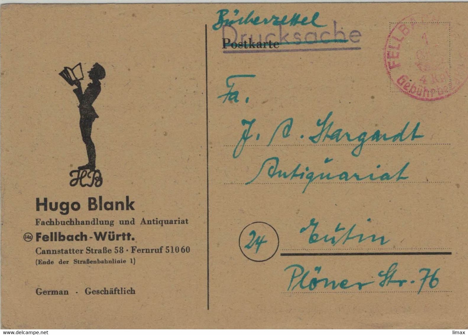 Gebühr Bezahlt - Bücherzettel Illustriert - Hugo Blank Fellbach - 1.10.1948 - Einkreisstempel Rot - Sonstige & Ohne Zuordnung