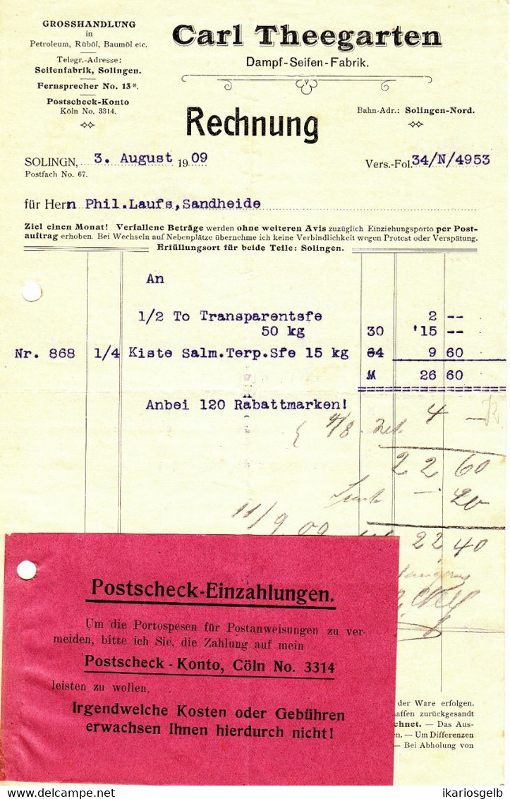 Solingen 1909 Deko Rechnung " Carl Theegarten Dampf-Seifen-Fabrik " - Alimentaire