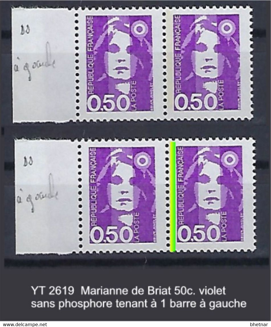 FR Variétés YT 2619 " Marianne De Briat 50c. Violet " Sans Phosphore Tenant à 1 Barre à Gauche - Ongebruikt