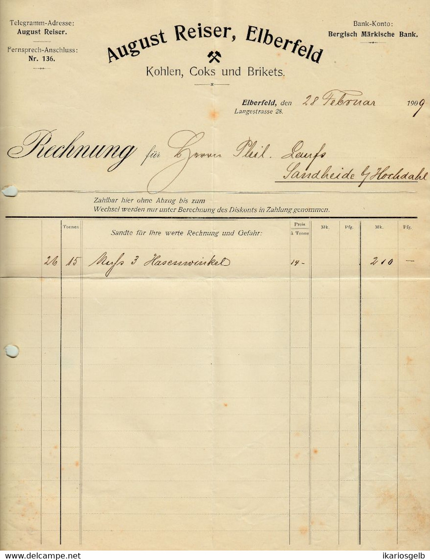 Elberfeld = Wuppertal 1909 Deko Rechnung " August Reiser Kohlen Coks Briketts " - Électricité & Gaz