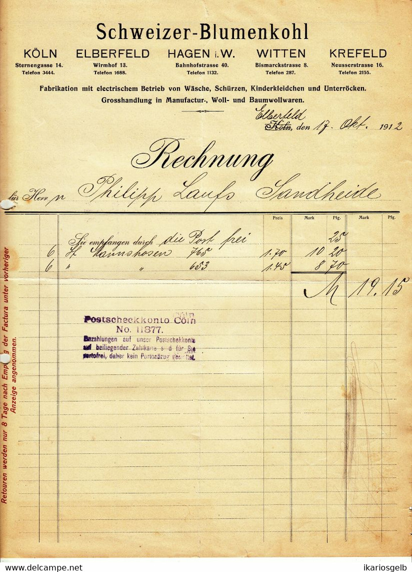 Elberfeld = Wuppertal + Köln 1912 Deko Rechnung " Schweizer-Blumenkohl  Fabrikation Wäsche Schürzen Kleider Unterröcke " - Kleding & Textiel