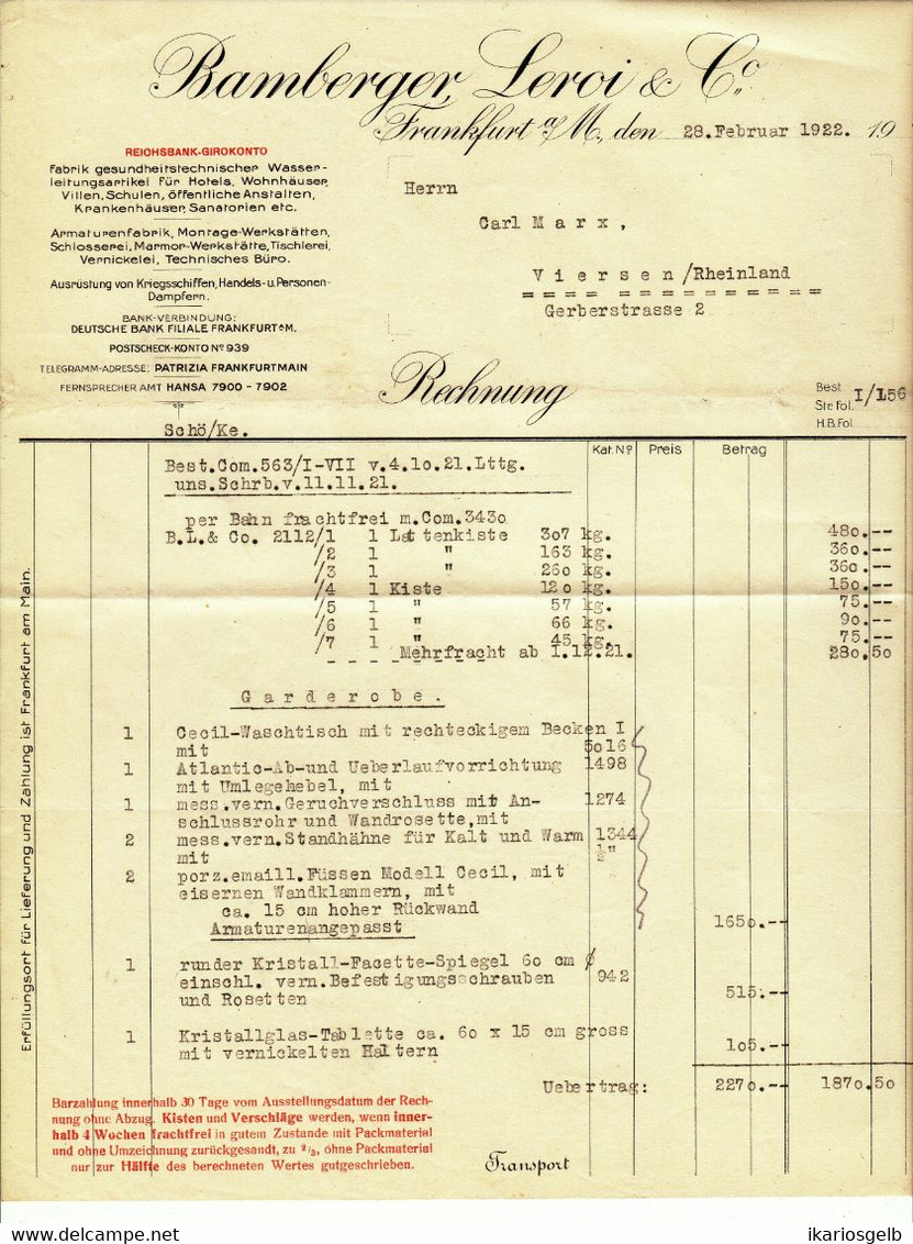 Frankfurt 1922 Deko Rechnung " Bamberger,Leroi & Co Armaturenfabrik Kriegsschiff-Ausrüstungen " - Transportmiddelen