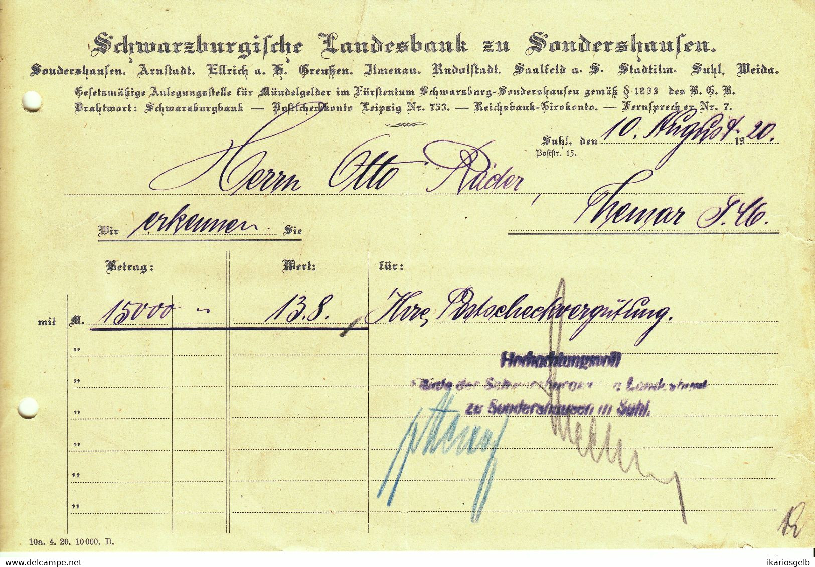 Sondershausen Thüringen 1920 Deko Rechnung " Schwarzburgische Landesbank Arnstadt Ellrich Ilmenau Saalfeld Suhl Weida  " - Banque & Assurance