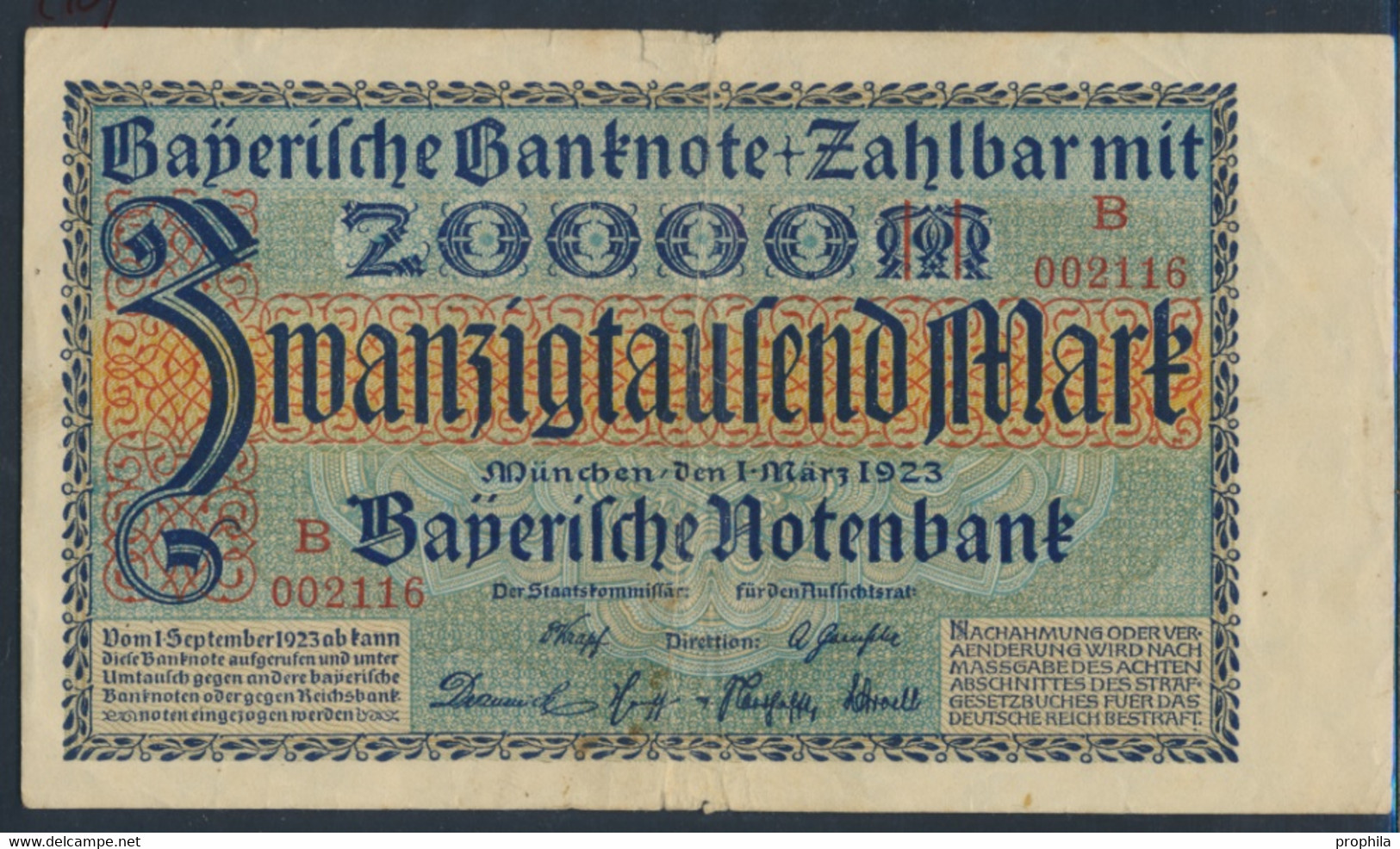 Bayern Rosenbg: BAY7b Länderbanknote Bayern Serie: B (selten) Stark Gebraucht (IV) 1923 20.000 Mark (9469565 - 20000 Mark