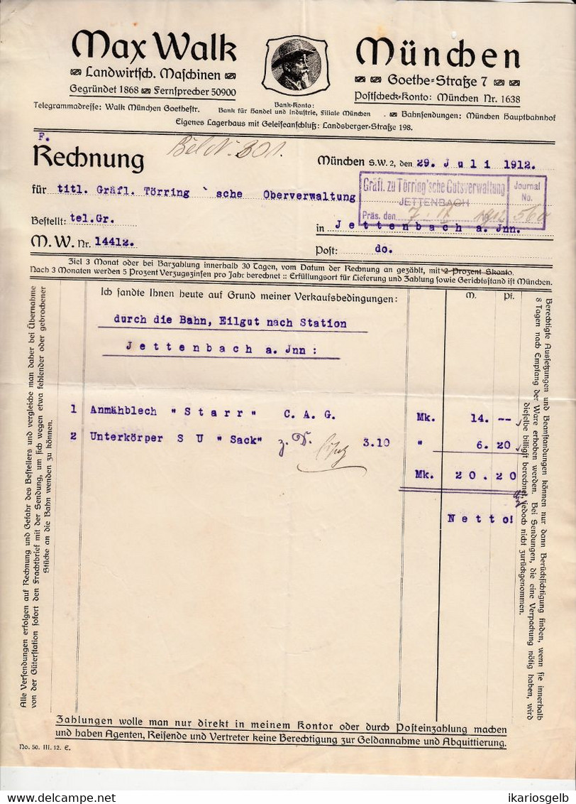 München 1912 Deko Rechnung " Max Walk Landwrtsch.Maschinen Goethe-Str.7 " - Agriculture