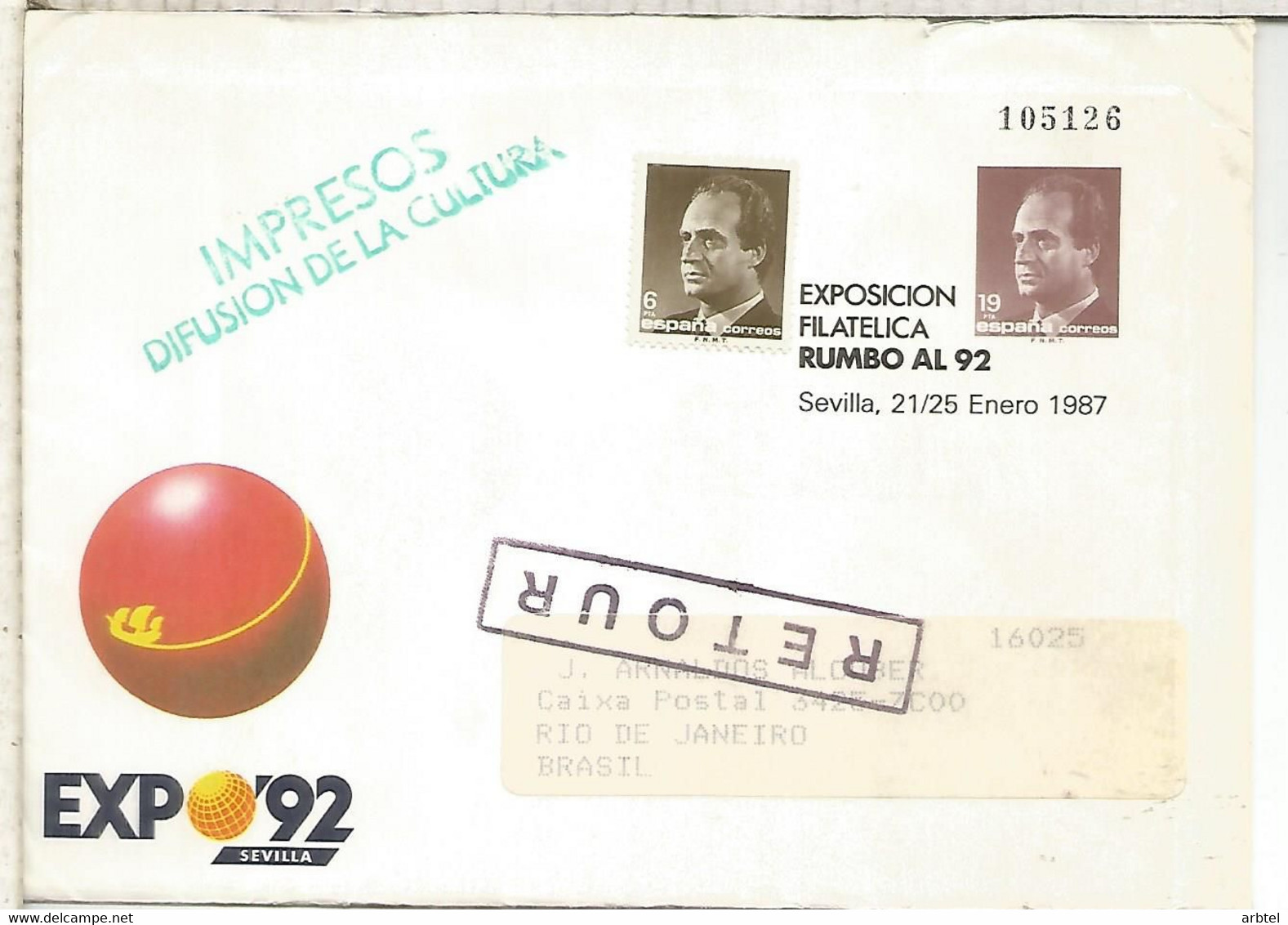 ENTERO POSTAL EXPO 92 SEVILLA A BRASIL DEVUELTO - 1992 – Sevilla (Spanje)