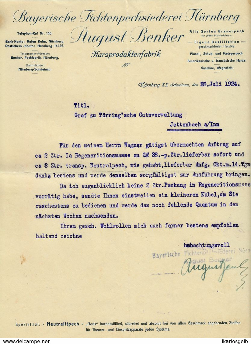 Nürnberg Schweinau 1924 Deko Rechnung " August Benker Bayeriche Fichtenpech-Siederei Für Fässer Harzprodukte Öle" - Landwirtschaft