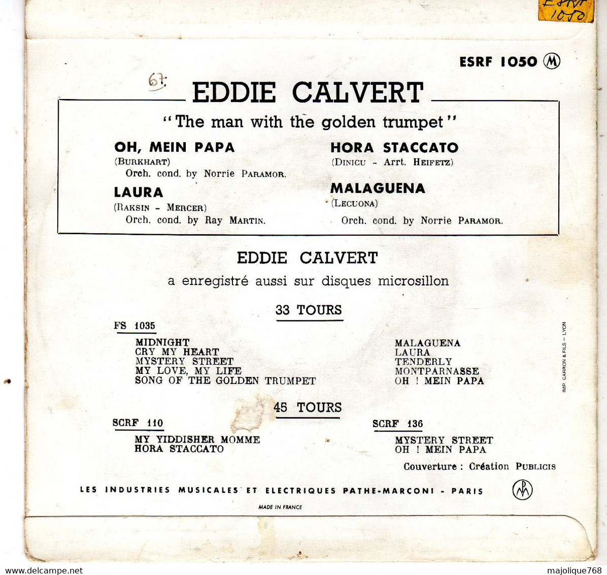 Disque - Eddie Calvert - Ho, Mein Papa - Columbia ESRF 1050 - France 1953 - Jazz