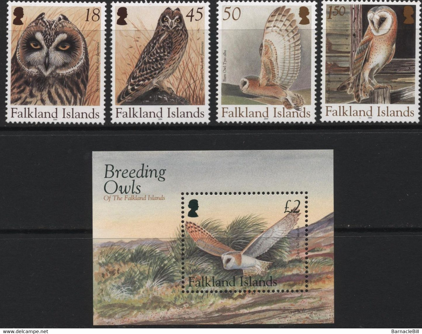 Falkland Islands (10) 2004 Owls Set. With Miniature Sheet. Mint. Hinged. - Falklandinseln