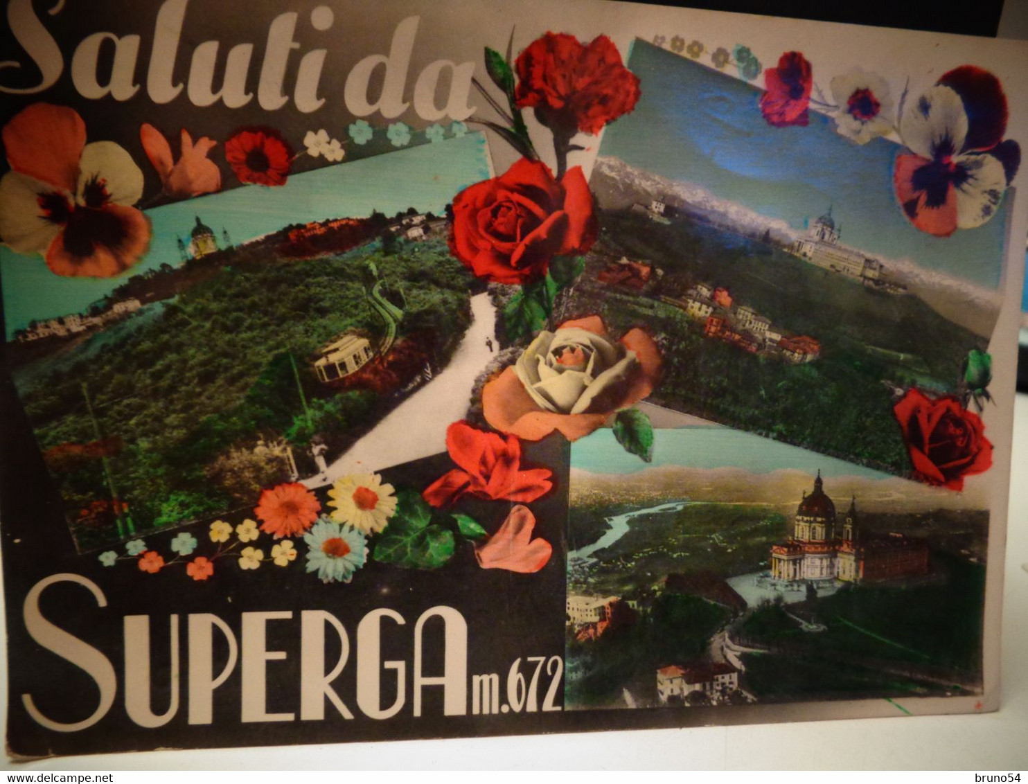 Cartolina  Saluti Da Superga Prov Torino Vedutine Rose Fiori Timbro Albergo Ristorante Gran Belvedere 1953 - Kerken