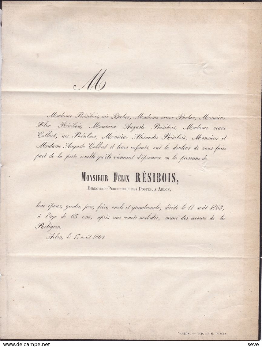 ARLON Percepteur Directeur Des Postes RESIBOIS Félix 65 Ans 1863 Famille COLLART - Obituary Notices