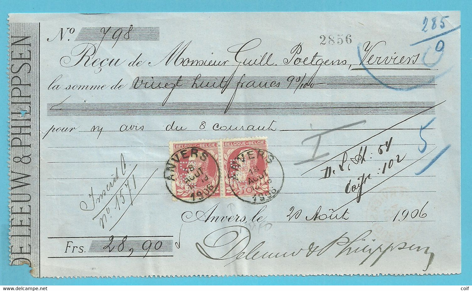 74 Op Recu Met Firma-perforatie (Perfin / Perfore) " D & P " Van De Leeuw & Philippsen Te Antwerpen - 1863-09