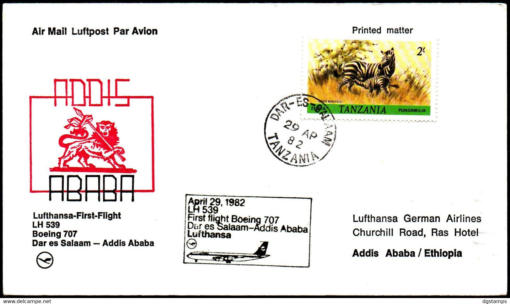 Tanzania Abril 29, 1982 Lufthansa Primer Vuelo Boeing 707 LH 539 Dar Es Salaam - Addis Ababa. - Tanzania (1964-...)