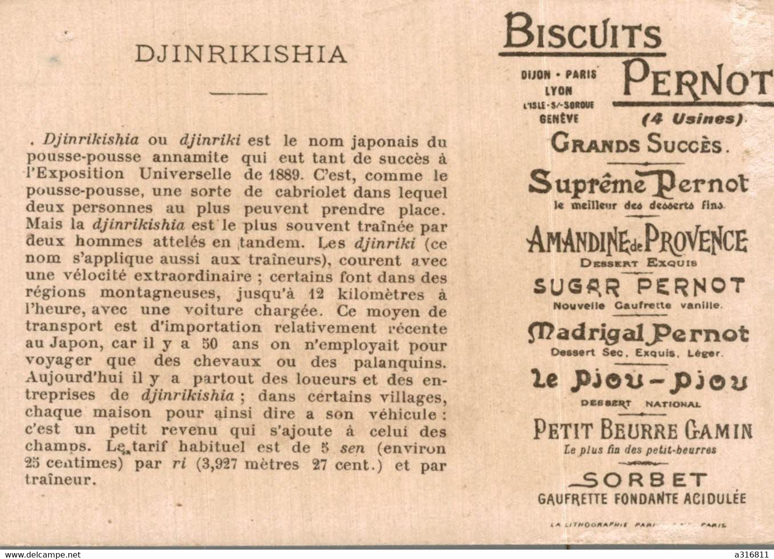 Chromo - Biscuits PERNOT - DJINRIKISHIA JAPONAISE - Pousse-pousse, Japonaise En Costume, Ombrelle - Pernot