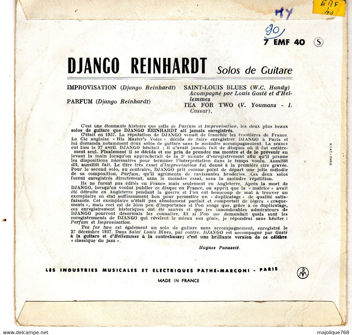 Disque - Django Reinhardt - Parfum - La Voix De Son Maître 7 EMF 40 - France 1955 - Jazz