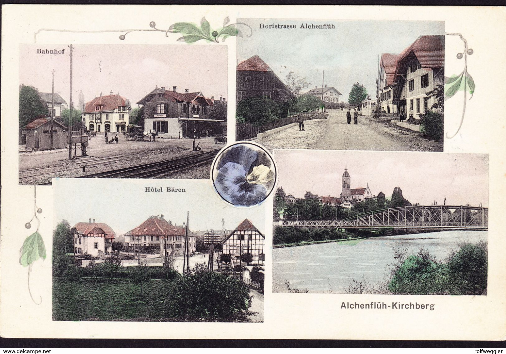 1914 Gelaufene AK Aus Alchenflüh-Kirchberg. 4 Bildrig, Bahnhof, Dorfstrasse Und Hotel Bären - Kirchberg