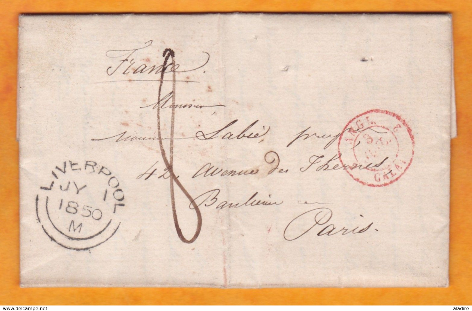 1850  QV  - Lettre Pliée Avec Correspondance En Français De LIVERPOOL, Angleterre Vers PARIS, France - Entrée Par CALAIS - Postmark Collection