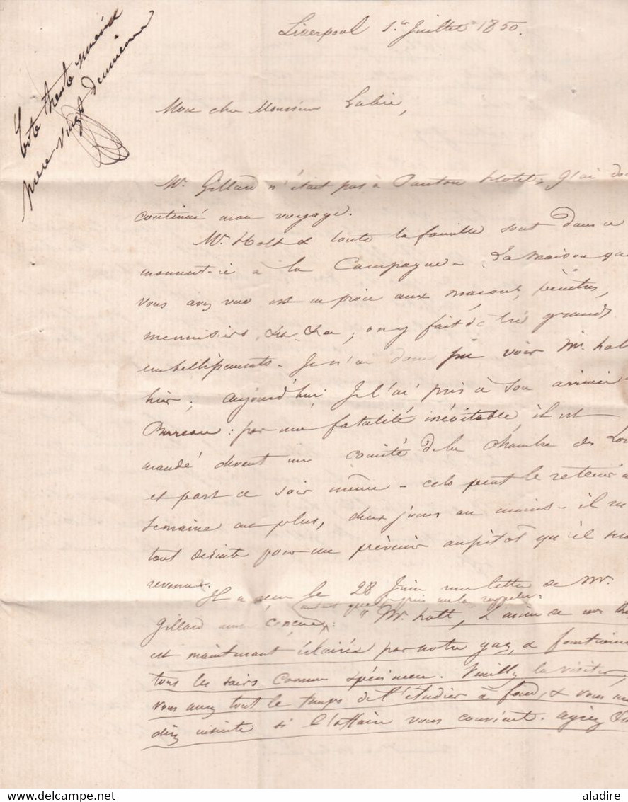 1850  QV  - lettre pliée avec correspondance en français de LIVERPOOL, Angleterre vers PARIS, France - entrée par CALAIS