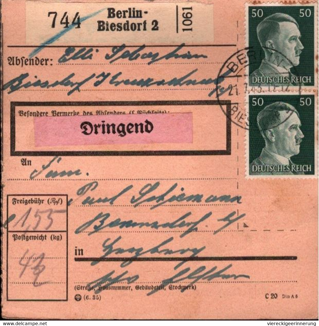 ! 1943 Berlin Biesdorf Nach Herzberg,  Paketkarte, Deutsches Reich, 3. Reich - Lettres & Documents