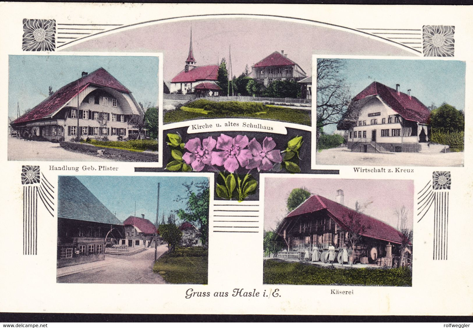 1918 Gelaufene AK: Gruss Aus Hasle I. E. 5 Bildrig Gefärbt. Kirche, Schulhaus, Wirtschaft Zum Kreuz, Handlung - Hasle Bei Burgdorf