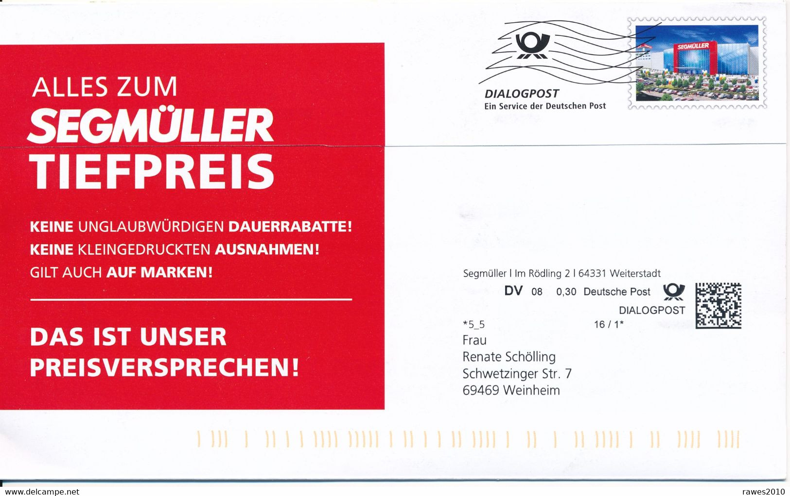 BRD / Bund Weiterstadt Dialogpost DV 08 0,30 Euro FRW 2020 Segmüller Möbelhaus - Lettres & Documents