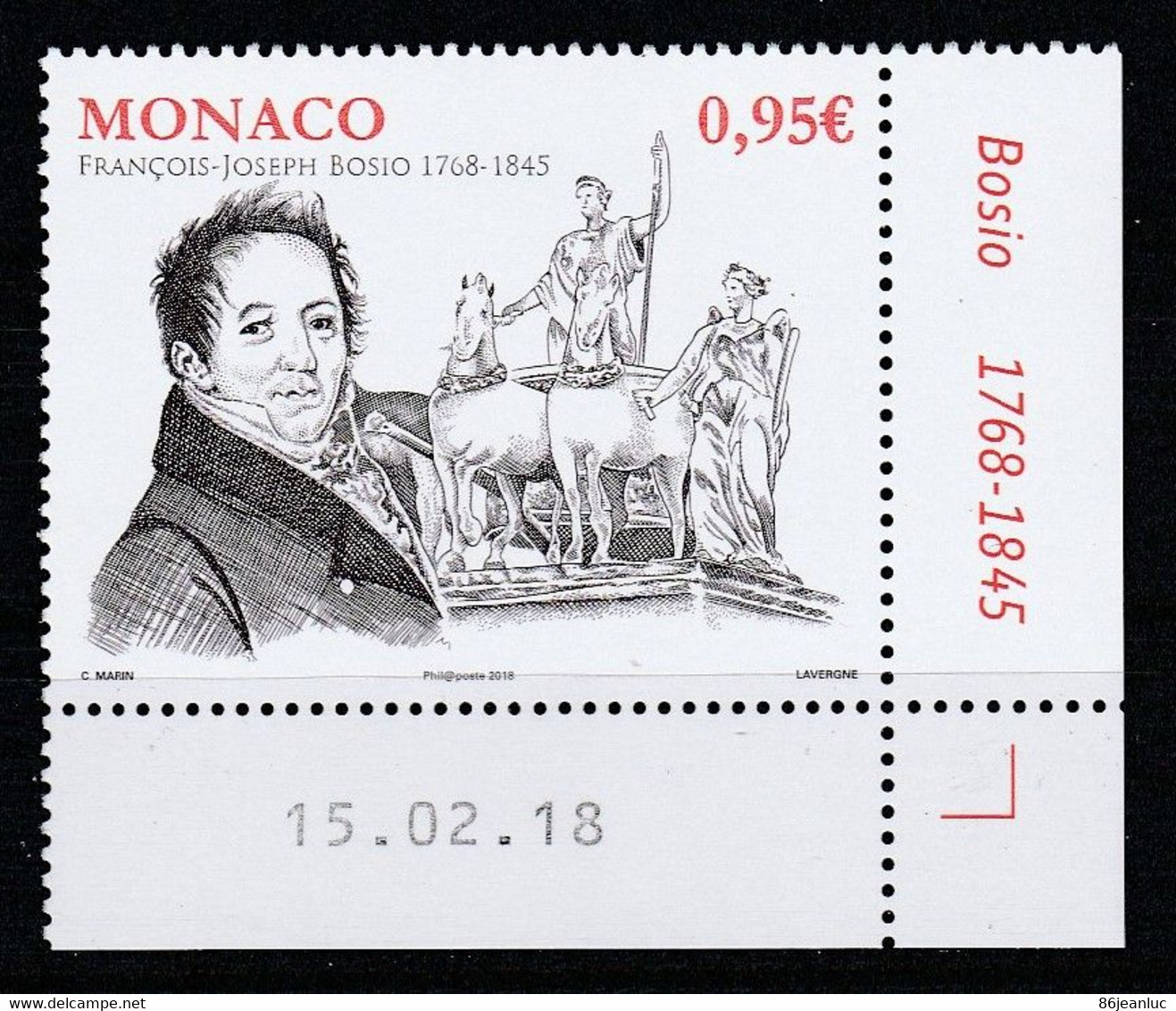 Monaco 2018 : LUXE !!! - N° 3134 - 250e ANNIVERSAIRE DE LA NAISSANCE DE FRANÇOIS-JOSEPH BOSIO  - Neuf** - En Coin Daté - - Ongebruikt