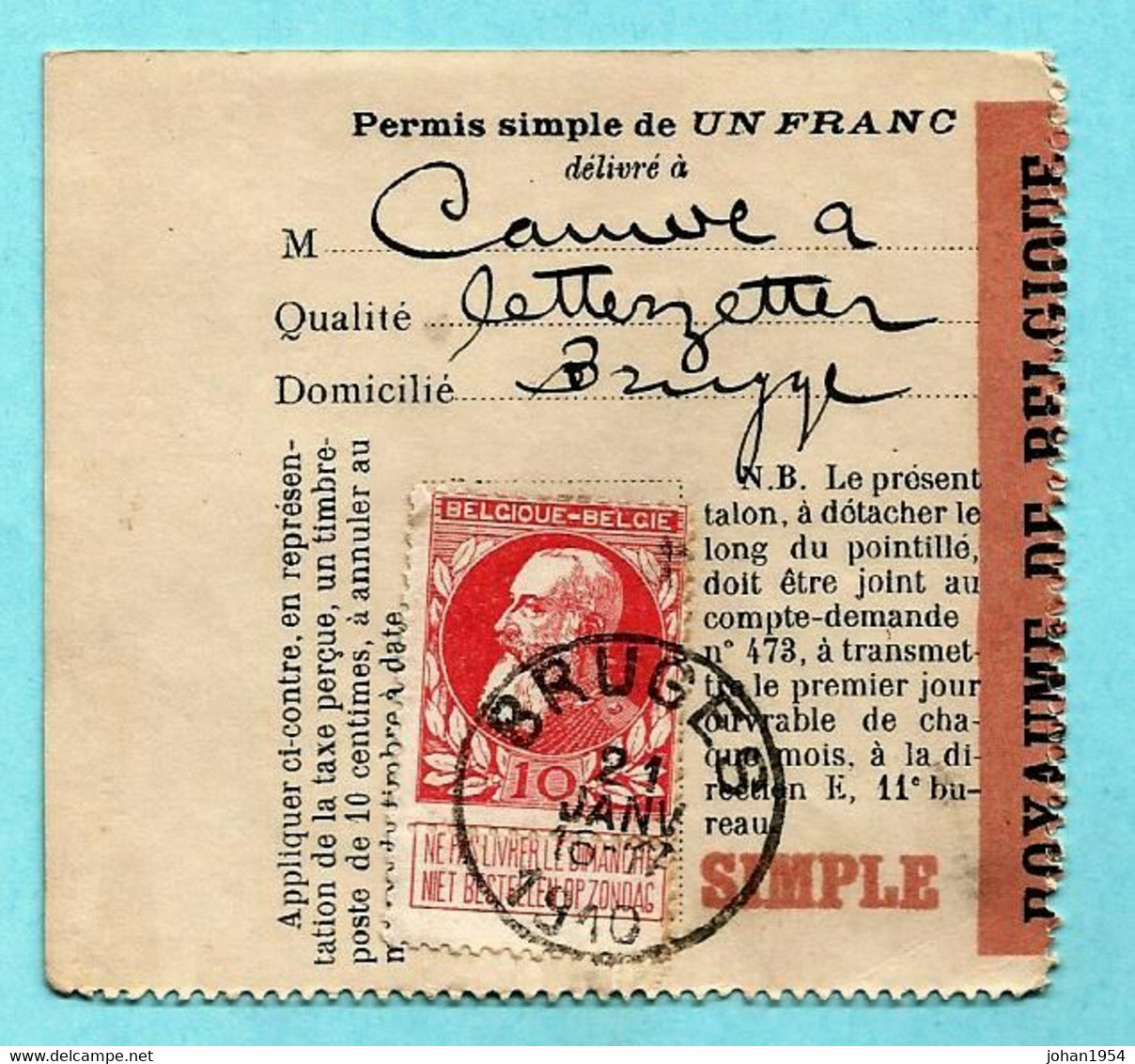 N° 74 Op VISVERLOF / PERMIS DE PECHE, Afst. BRUGES 21/01/1910 (permis Simple De 1 Franc) - 1905 Barbas Largas