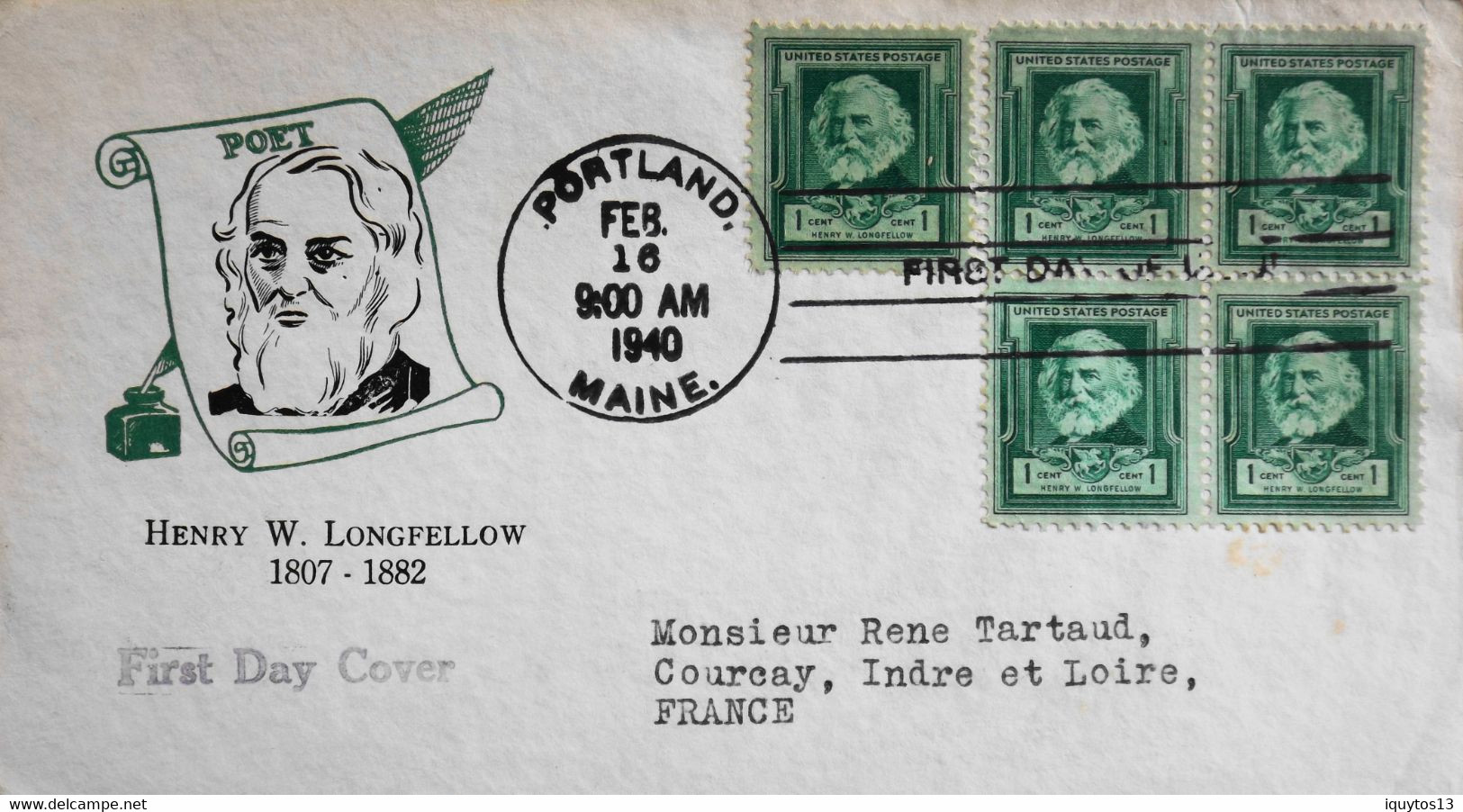 Enveloppe USA First Day Cover 1940 - Le Poète Henry W. Longfellow - Daté : Portland 16.2.1940 - Bon état - 1851-1940