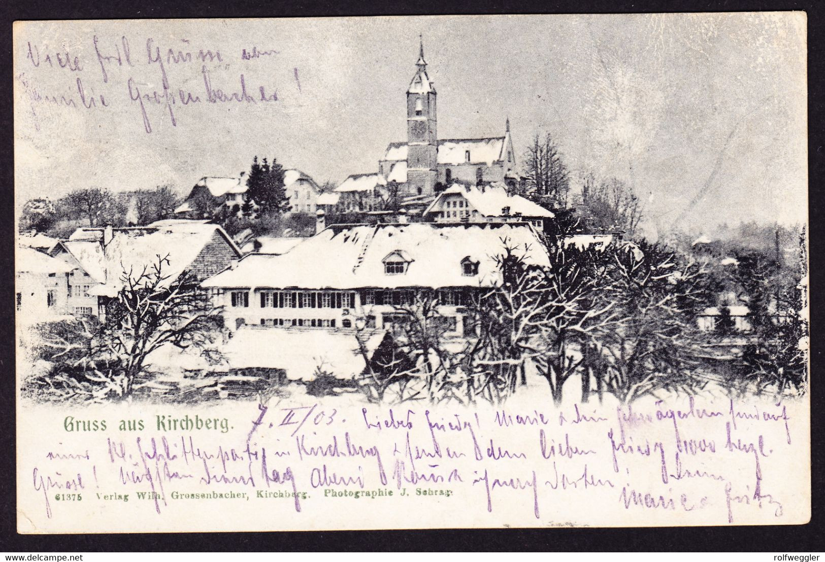 1903 Gelaufene AK: Gruss Aus Kirchberg. Winterlandschaft Mit Eisblumen-Effekt. Kleiner Eckbug Unten Links - Kirchberg