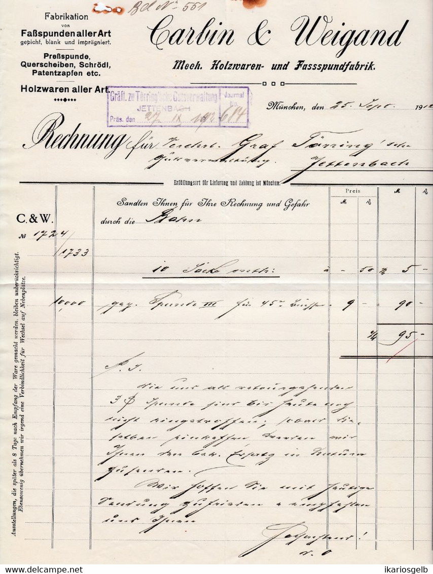 München 1912 Deko Rechnung " Carbin & Weigand Mechanische Holzwaren U. Fass-Spundfabrik Brauereiartikel" - Agricoltura
