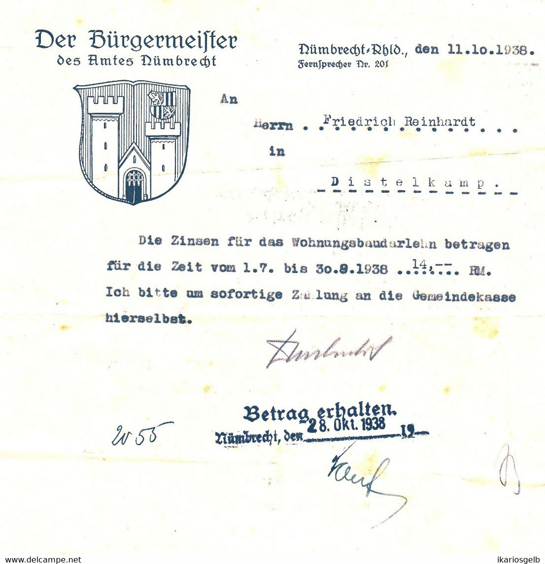 Nümbrecht Krs Gummersbach 1938 Deko Rechnung " Zinsberechnung Für Wohnungsbaudarlehen Distelkamp  " - Banque & Assurance