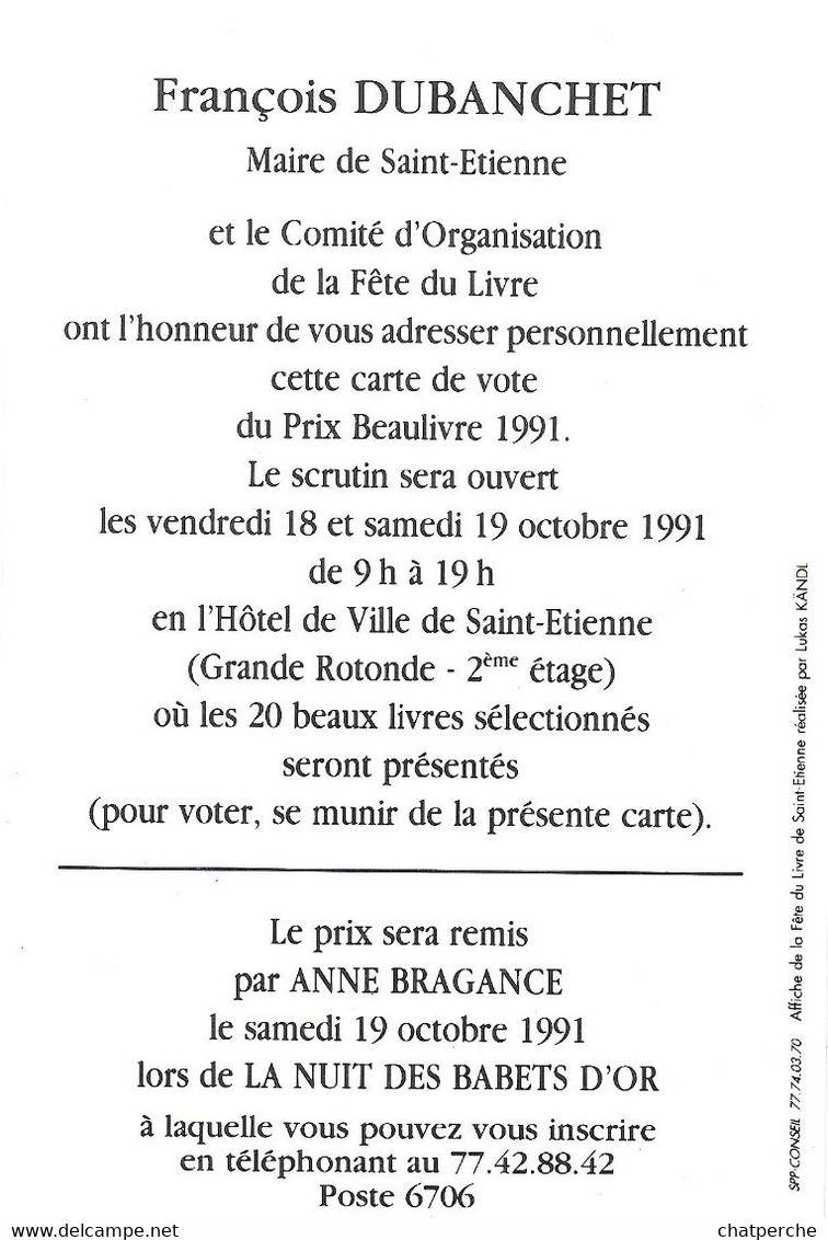 ÉVÉNEMENT FÊTE DU LIVRE DE SAINT ETIENNE 42 LOIRE PRIX BEAULIVRE 1991 CARTE GRAND ÉLECTEUR DINOSAURE - Inwijdingen