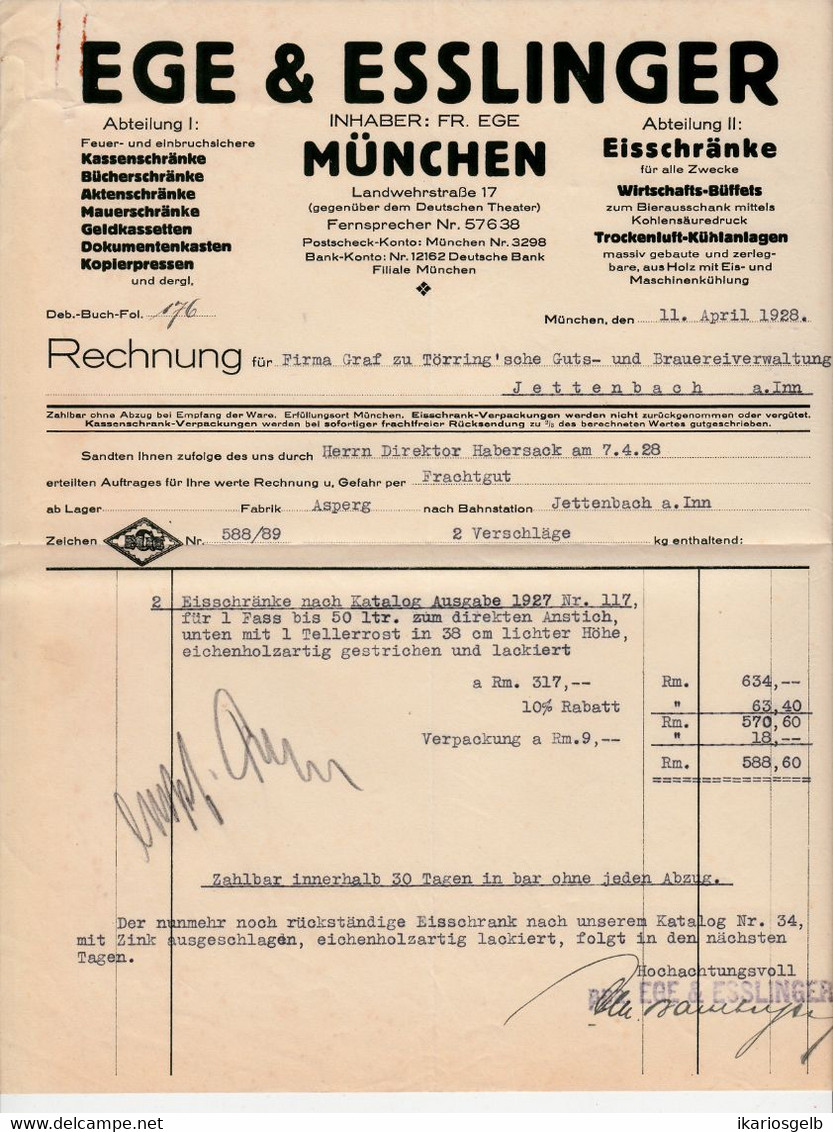 München 1928 Deko Rechnung " Ege & Esslinger Eisschränke Kühlbedarf Für Brauerei Hotel Wirtschaft " - Verkehr & Transport