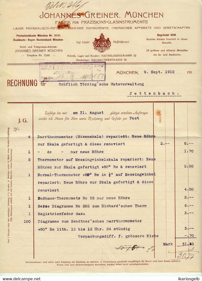 München 1912 Deko Rechnung " Johannes Greiner Glasinstrumente Chemische Apparate Meteorologie Physik " - Elektriciteit En Gas