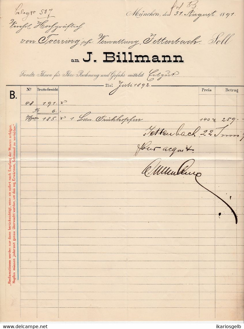 München 1891 (!!!) Deko Rechnung " J.Billmann Hopfen - Handlung Für Brauereien " - Agriculture