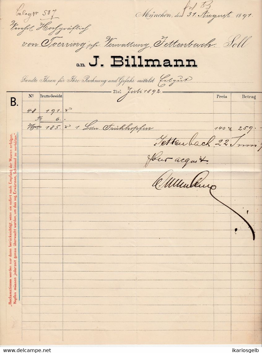 München 1891 (!!!) Deko Rechnung " J.Billmann Hopfen - Handlung Für Brauereien " - Landwirtschaft