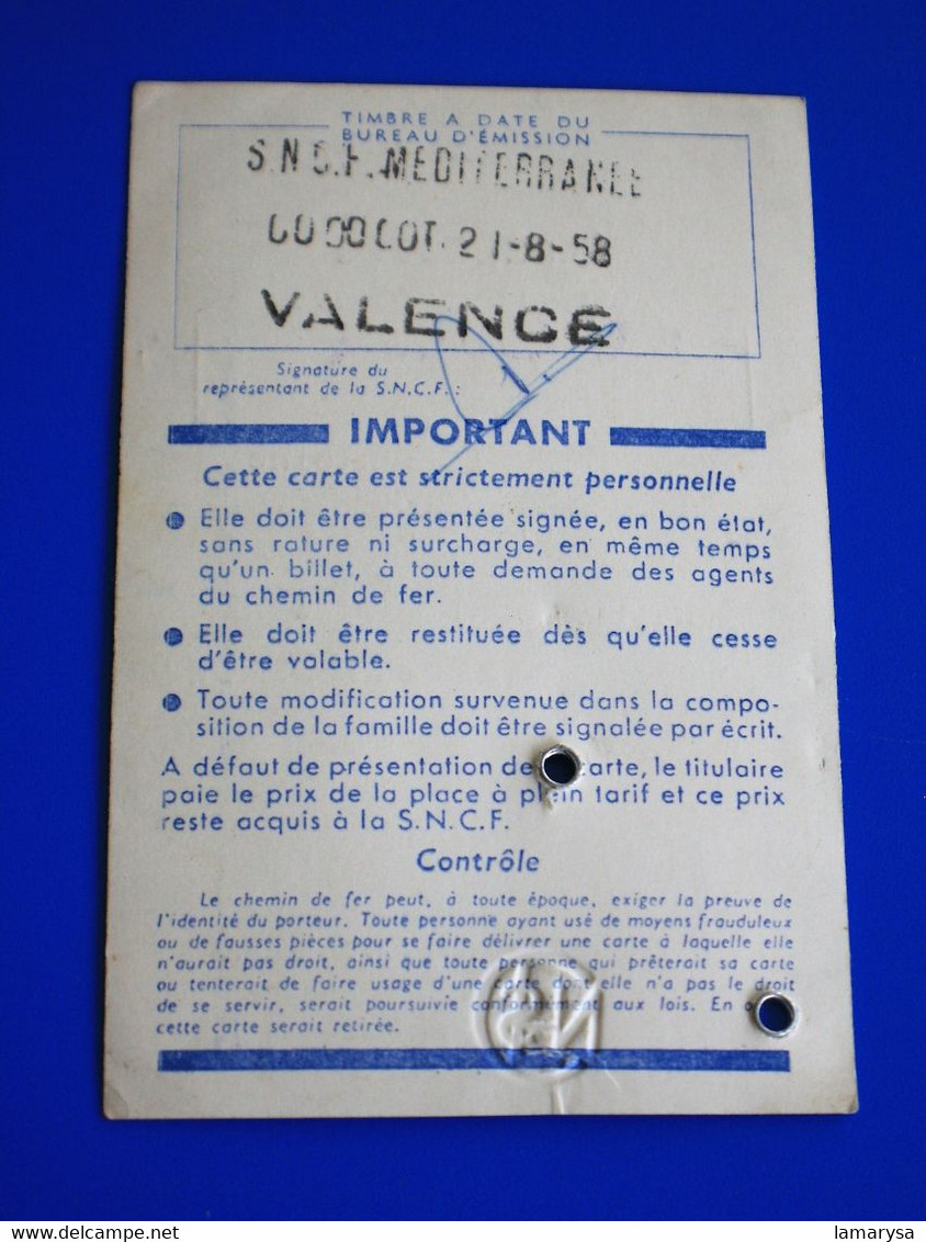 Sté NATIONALE CHEMINS DE FER FRANÇAIS☛S.N.C.F. VALENCE-☛CARTE IDENTITE FAMILLE NOMBREUSE 40%-1960-PONT-ST-ESPRIT-CORSICA - Europa