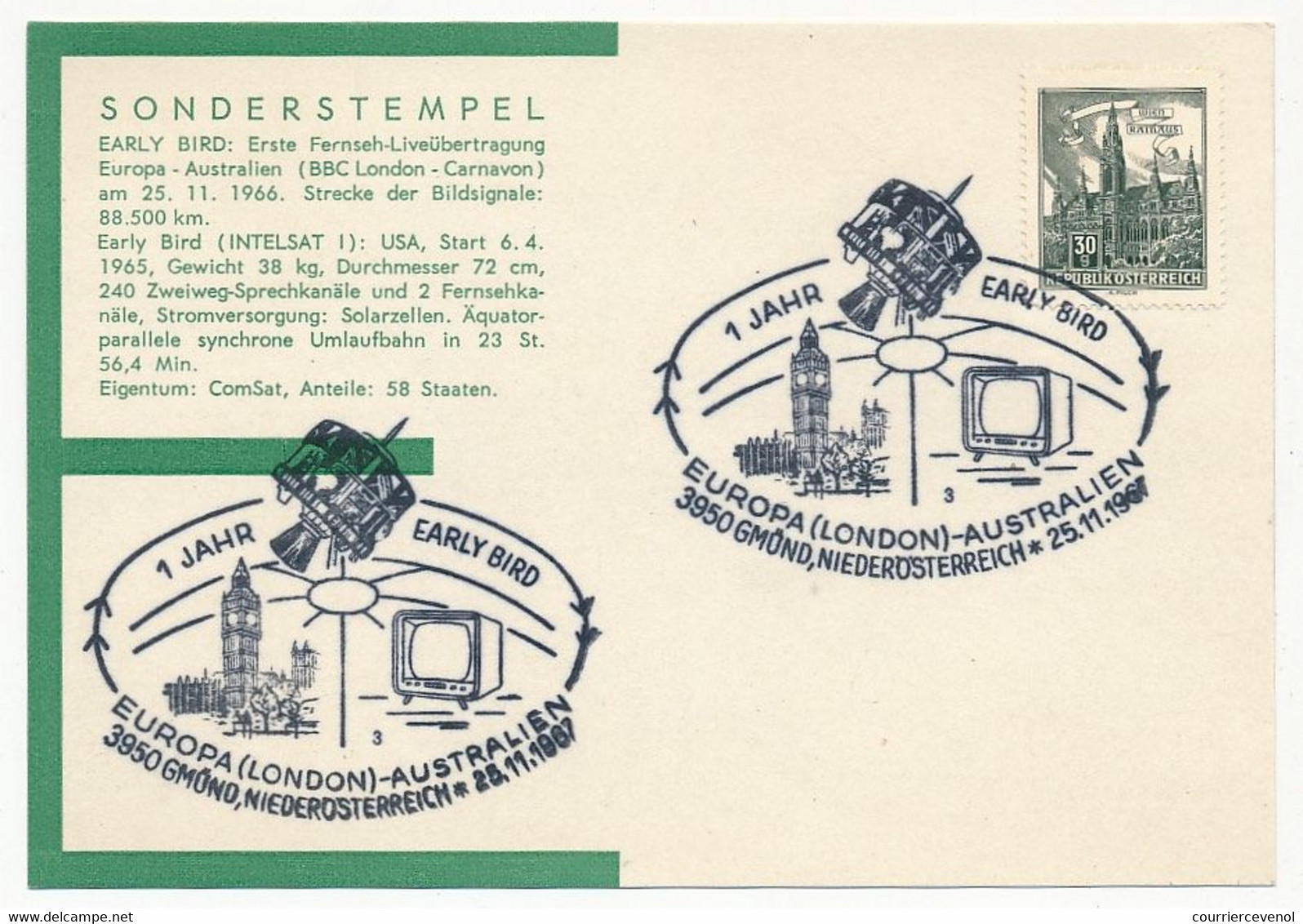 AUTRICHE - Carte Avec Beau Cachet Illustré "1 Jahre Early Bird" Europa - Australien 25/11/1967 - Other & Unclassified