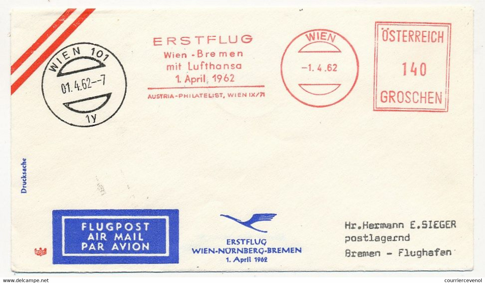 AUTRICHE - Enveloppe EMA "Erstflug Wien-Bremen Mit Lufthansa - 1er April 1962" - Brieven En Documenten