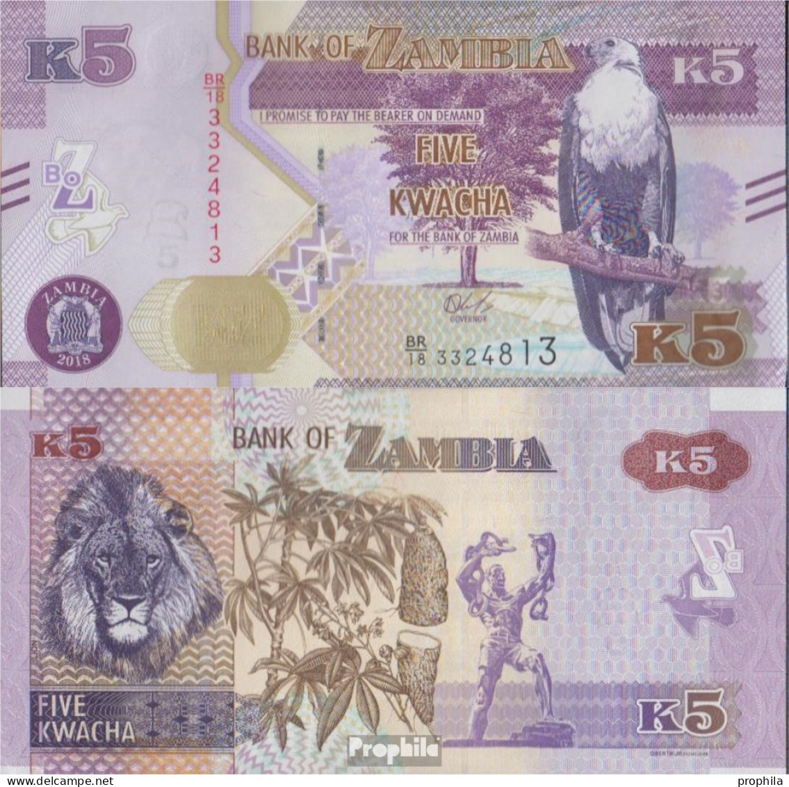 Sambia Pick-Nr: 57 (2018) Bankfrisch 2018 5 Kwacha - Zambie