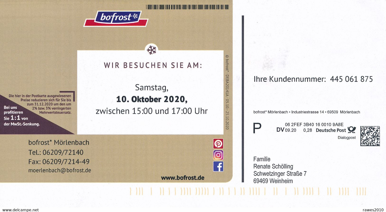 BRD / Bund Mörlenbach Dialogpost DV 09.20 0,28 Euro 2020 Bofrost Gefrierprodukte Seehechtfilet Eis - Lettres & Documents