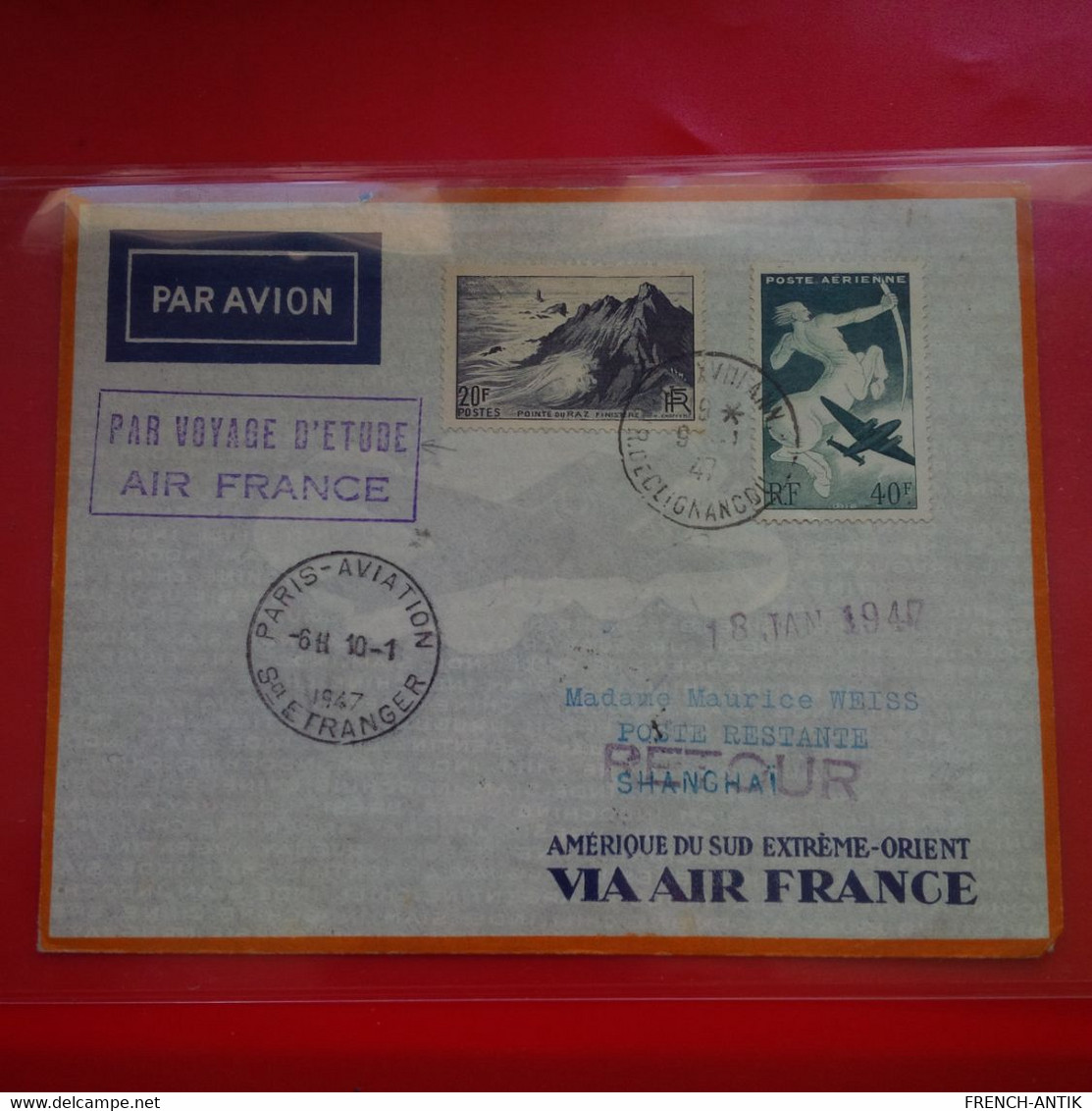 LETTRE CHINE PARIS SHANGHAI PAR VOYAGE D ETUDE AIR FRANCE 1947 - 1943-45 Shanghái & Nankín