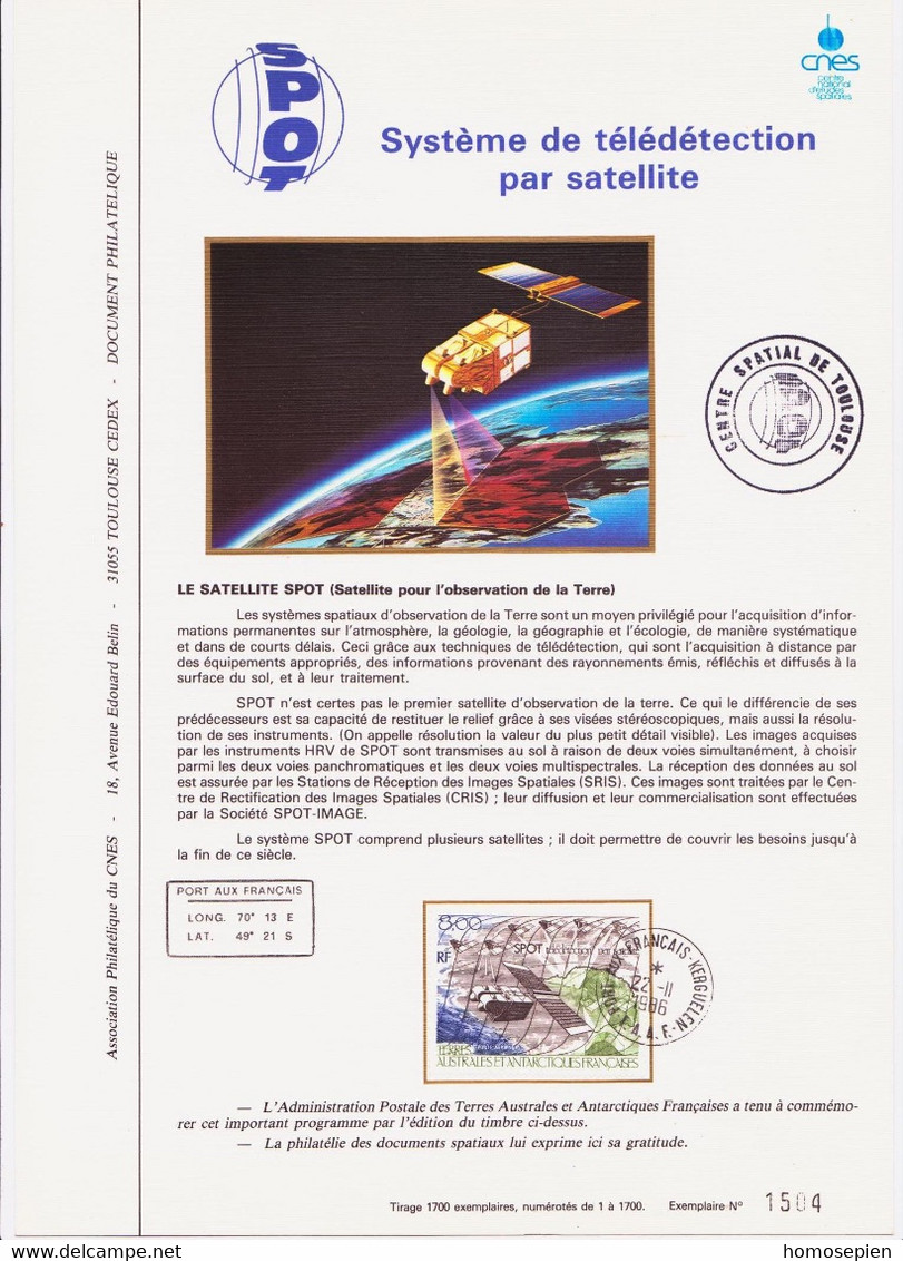 Espace 1986 TAAF - FSA - FSAL FDC Y&T N°PA96 - Michel N°219 - 8f Satellite SPOT - Encart CNES - Oceania