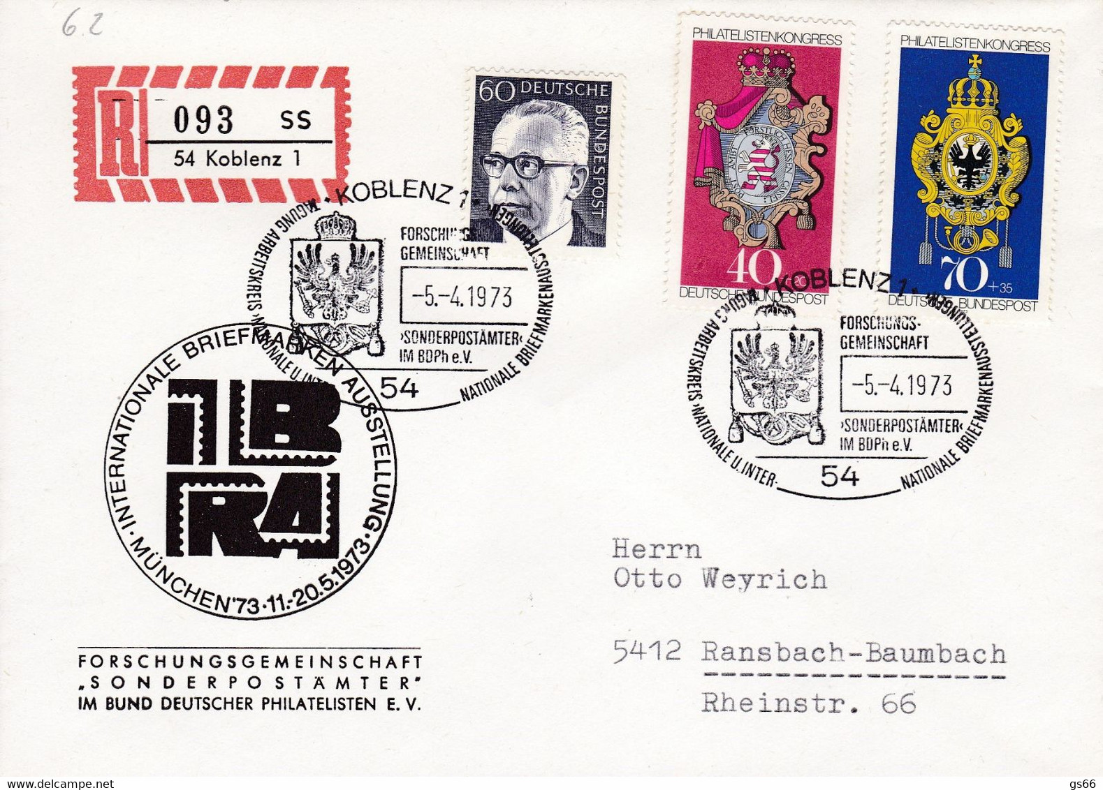 Eingedruckter R-Zettel,  54 Koblenz 1 ,  Nr. 093 Ub " Ss ", IBRA `73, FDC - R- & V- Viñetas