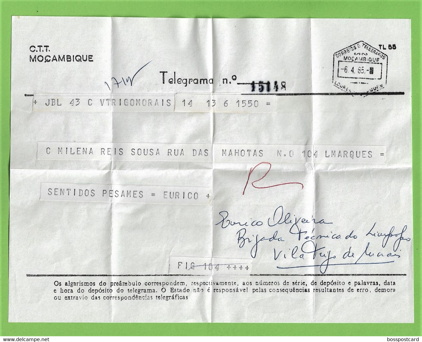 História Postal - Filatelia - Serviço Telegráfico - Telegrama - Telegram - Philately - Moçambique - Portugal - Lettres & Documents