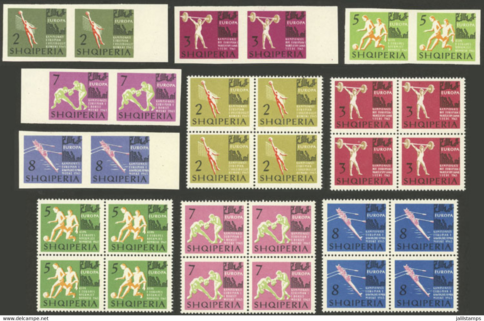 ALBANIA: Sc.686/90, 1963 Sport, The Set Of 5 Values In Perforated Blocks Of 4 + IMPERFORATE Pairs, All MNH And Of Excell - Albania