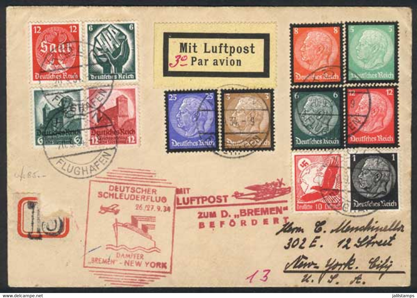 GERMANY: 20/SEP/1934: Cover Carried By Steamship Bremen, And Catapulted To New York, Very Fine Quality! - Covers & Documents